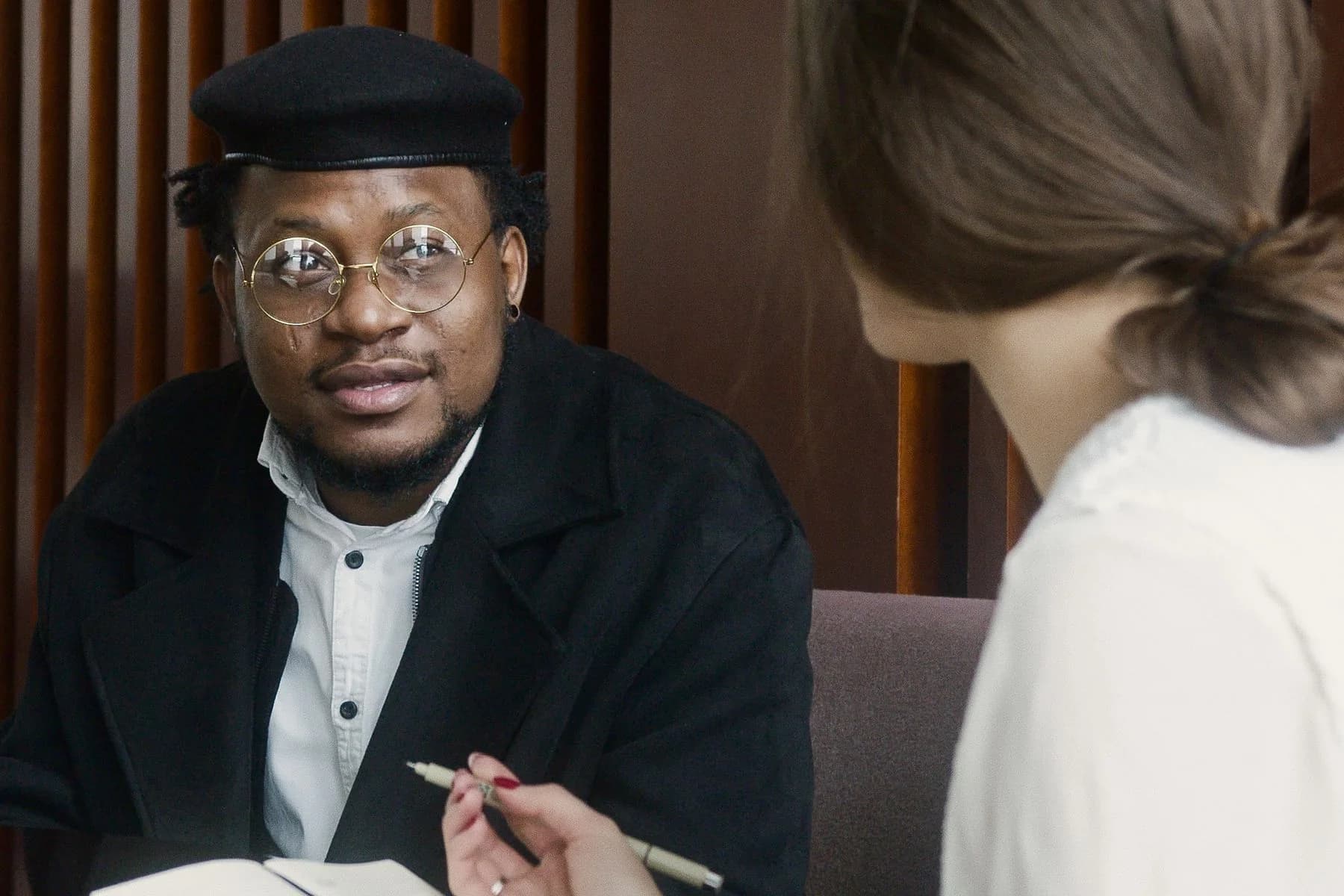 An interview in progress in a meeting room